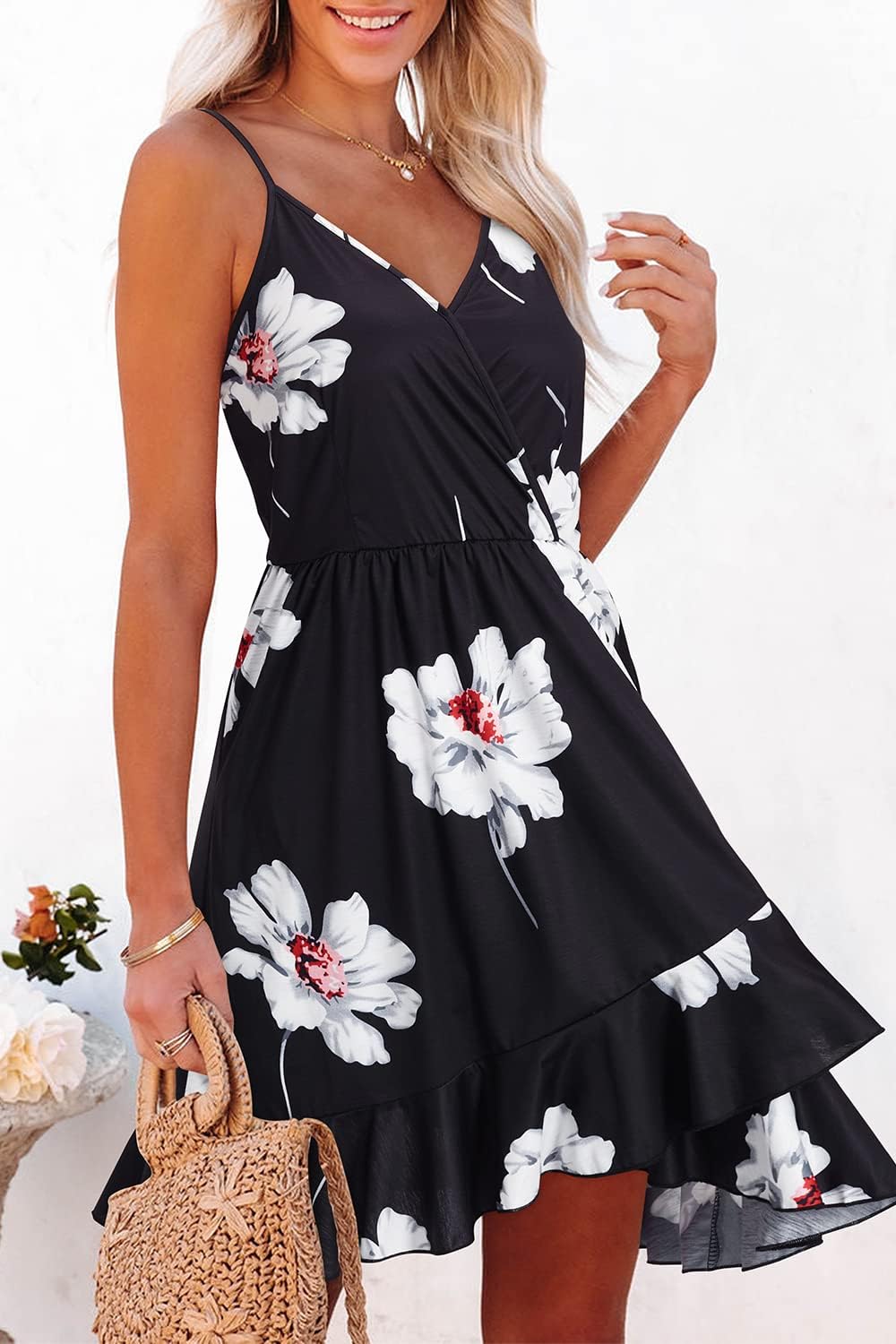 ULTRANICE Womens Summer Dresses Floral V Neck Ruffled Hem Spaghetti Spring Casual Beach Outfits Flowy Wrap Sun Dress
