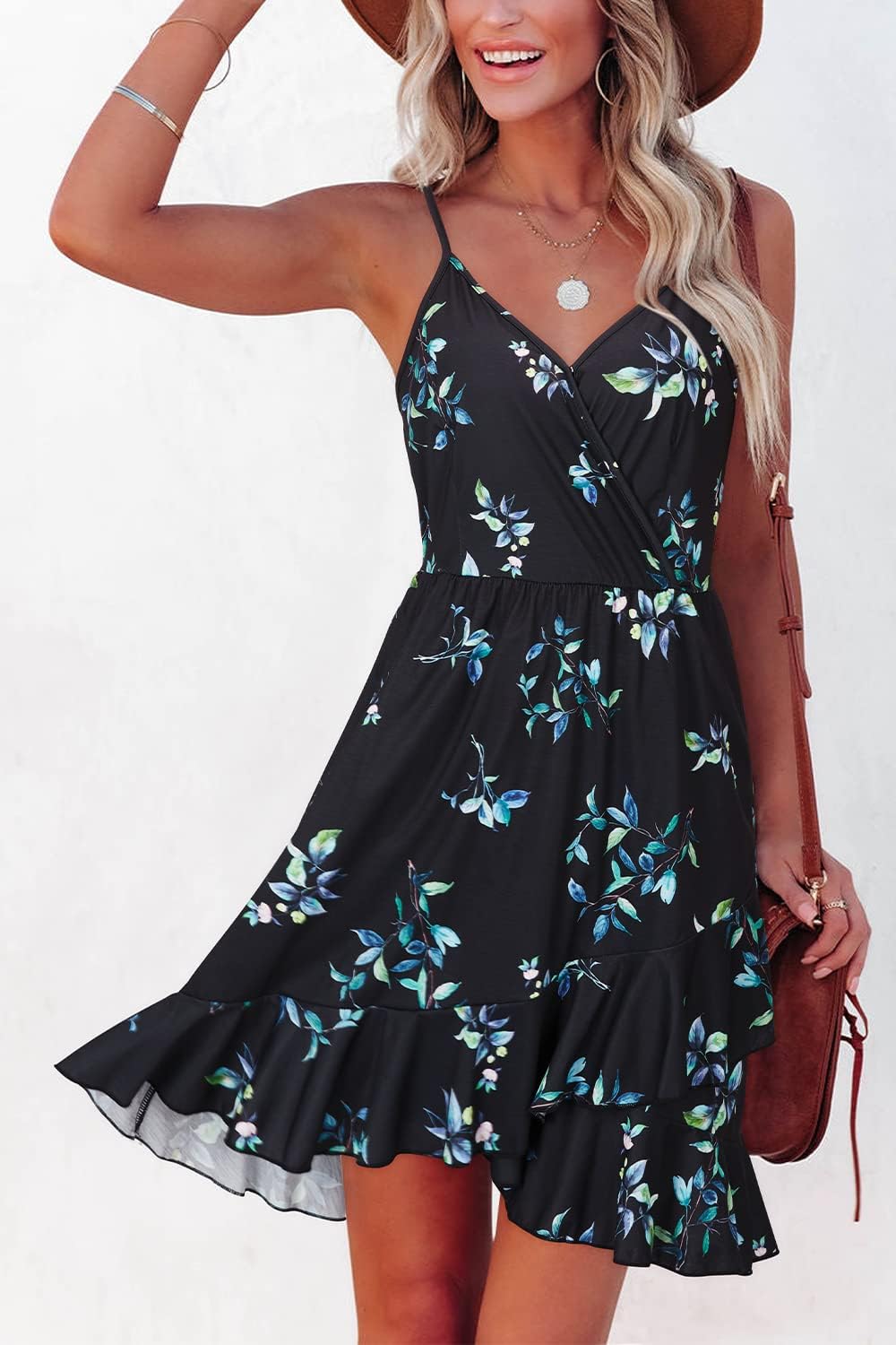 ULTRANICE Womens Summer Dresses Floral V Neck Ruffled Hem Spaghetti Spring Casual Beach Outfits Flowy Wrap Sun Dress