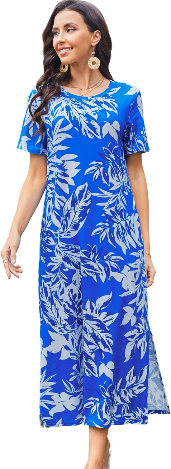 Naggoo Women's Short Sleeve Split Maxi Dress Casual Plain Tie Dye Print Tshirt Long Dresses with Pockets
