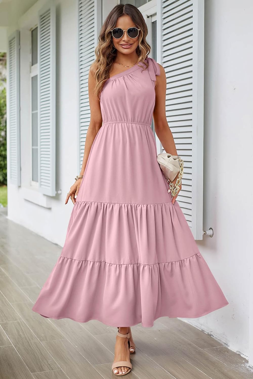 PRETTYGARDEN Women's Summer Floral Maxi Dress Knot One Shoulder Sleeveless Ruffle Flowy Boho Beach Wedding Guest Dresses