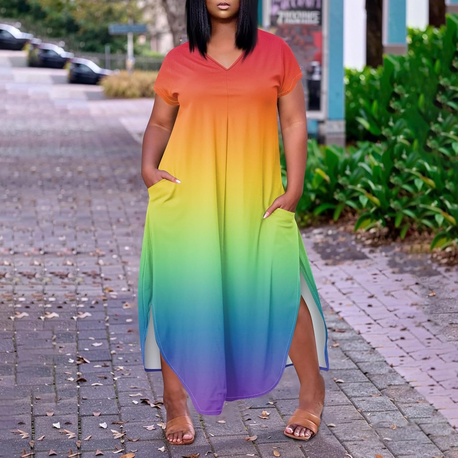 Maxi Dresses for Women 2025 Plus Size Tie Dye V Neck Dress Short Sleeve Side Split Beach Summer Sundress with Pocket