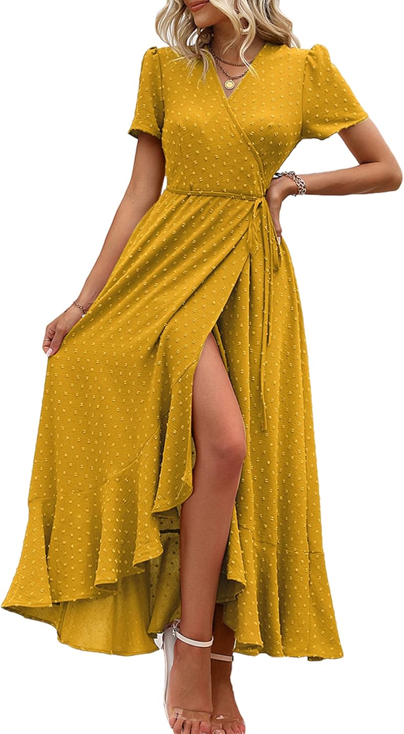 PRETTYGARDEN Women's Summer Wrap Maxi Dress Casual Short Sleeve Floral Boho V Neck Split Ruffle Beach Long Dresses