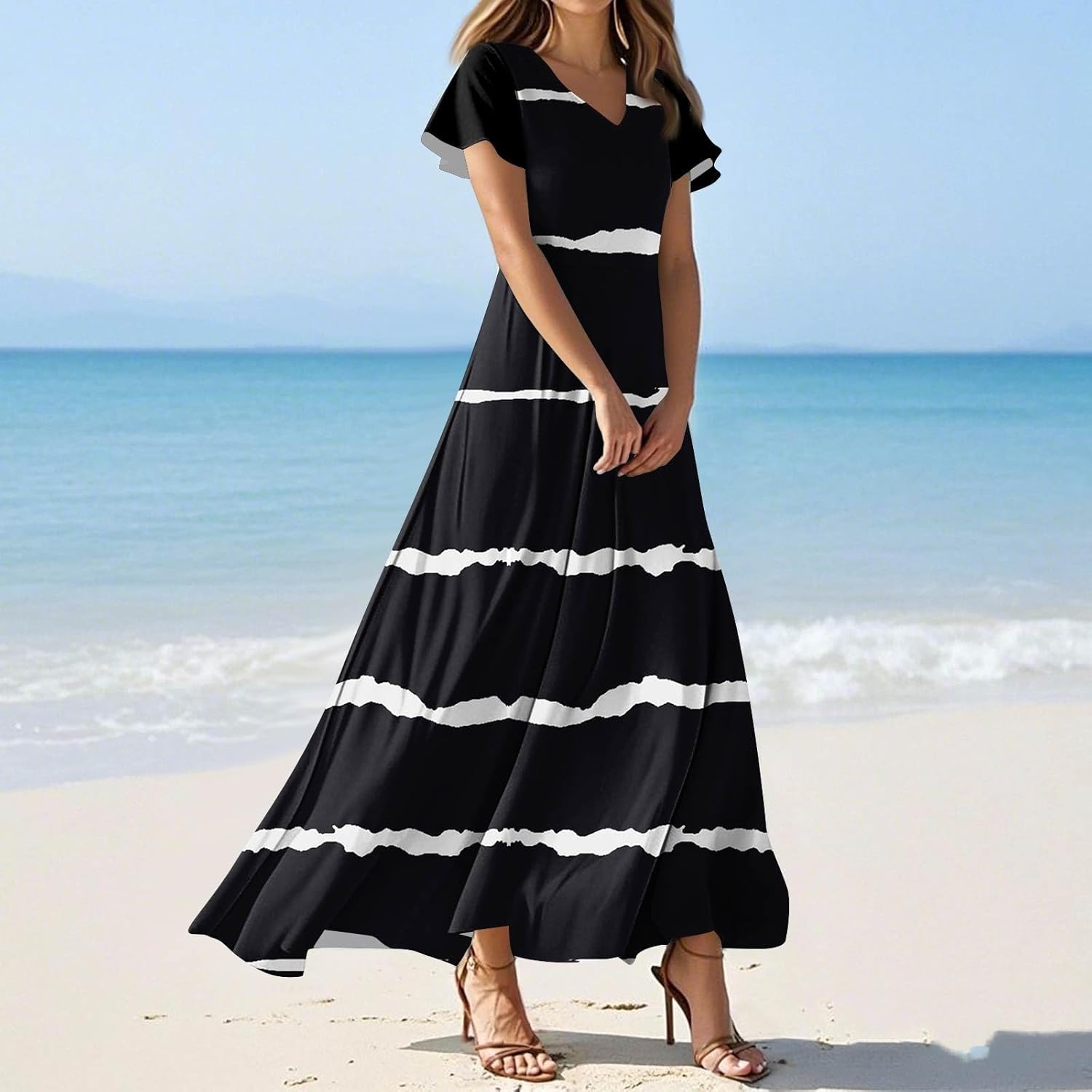Womens Fashion V Neck Ruffle Short Sleeve Maxi Dress 2025 Summer Elegant Solid Color Flowy A Line Dresses