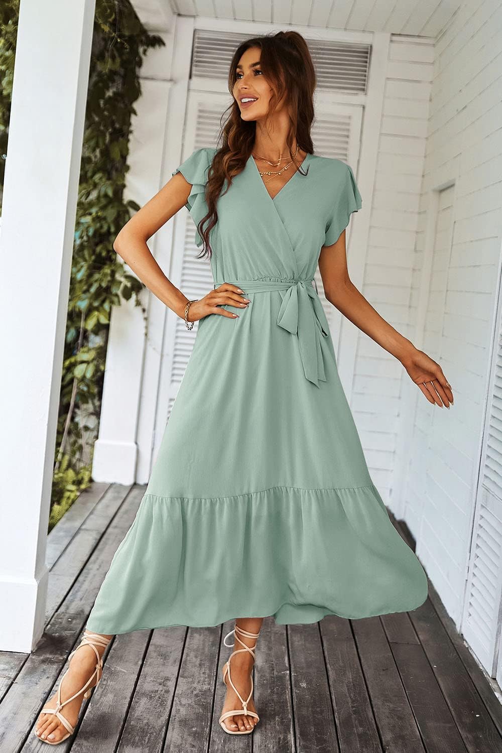 PRETTYGARDEN Women's Summer Floral Boho Dress Wrap V Neck Short Sleeve Ruffle A-Line Flowy Maxi Wedding Guest Dresses