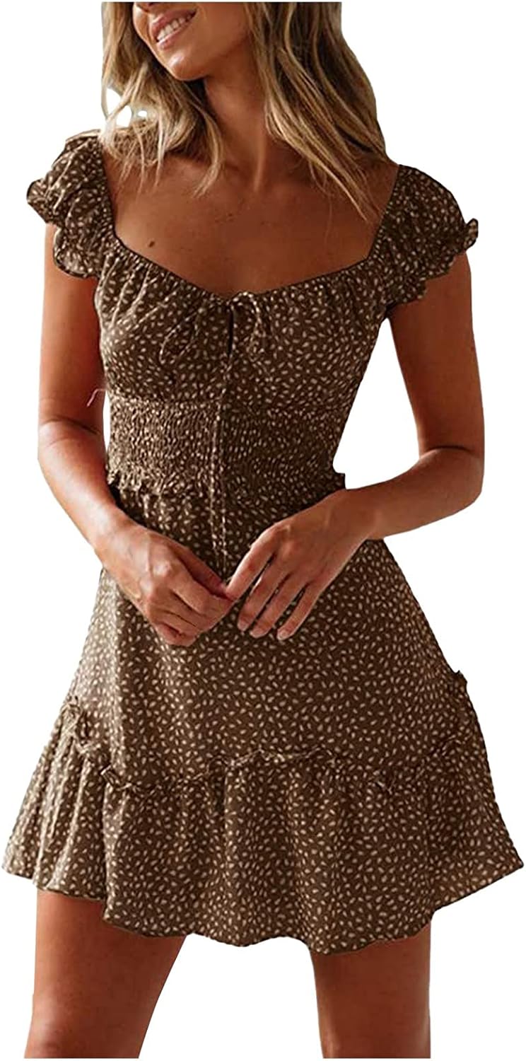 iQKA Women Short Mini Dress Summer Bohemian Floral Print Short Sleeve Square Neck Sexy Babydoll Dresses S-3XL