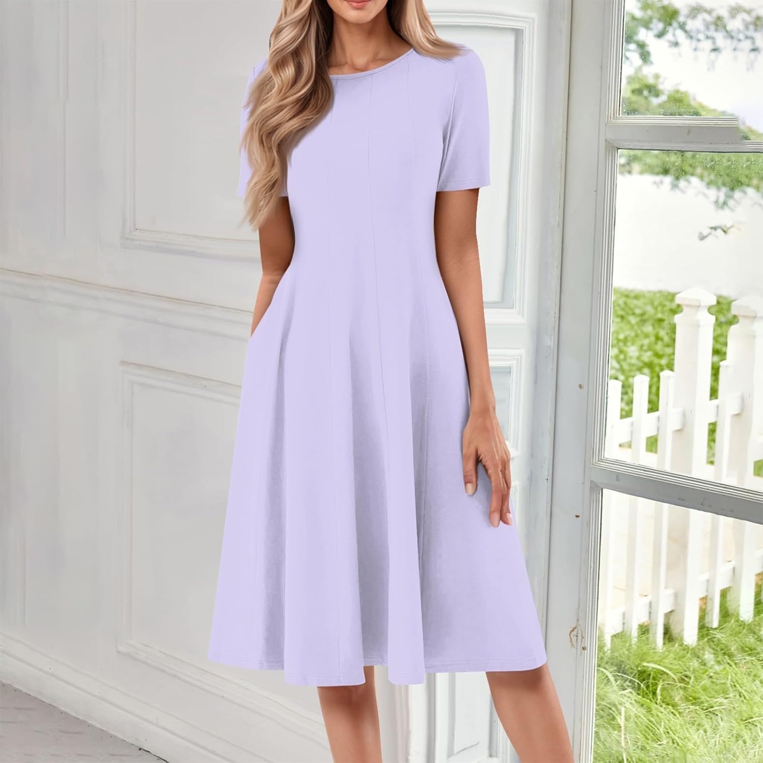 Summer Dresses for Women 2025 Crew Neck Short Sleeve Boho Beach Vacation Floral/Solid Midi Sundresses with Pockets