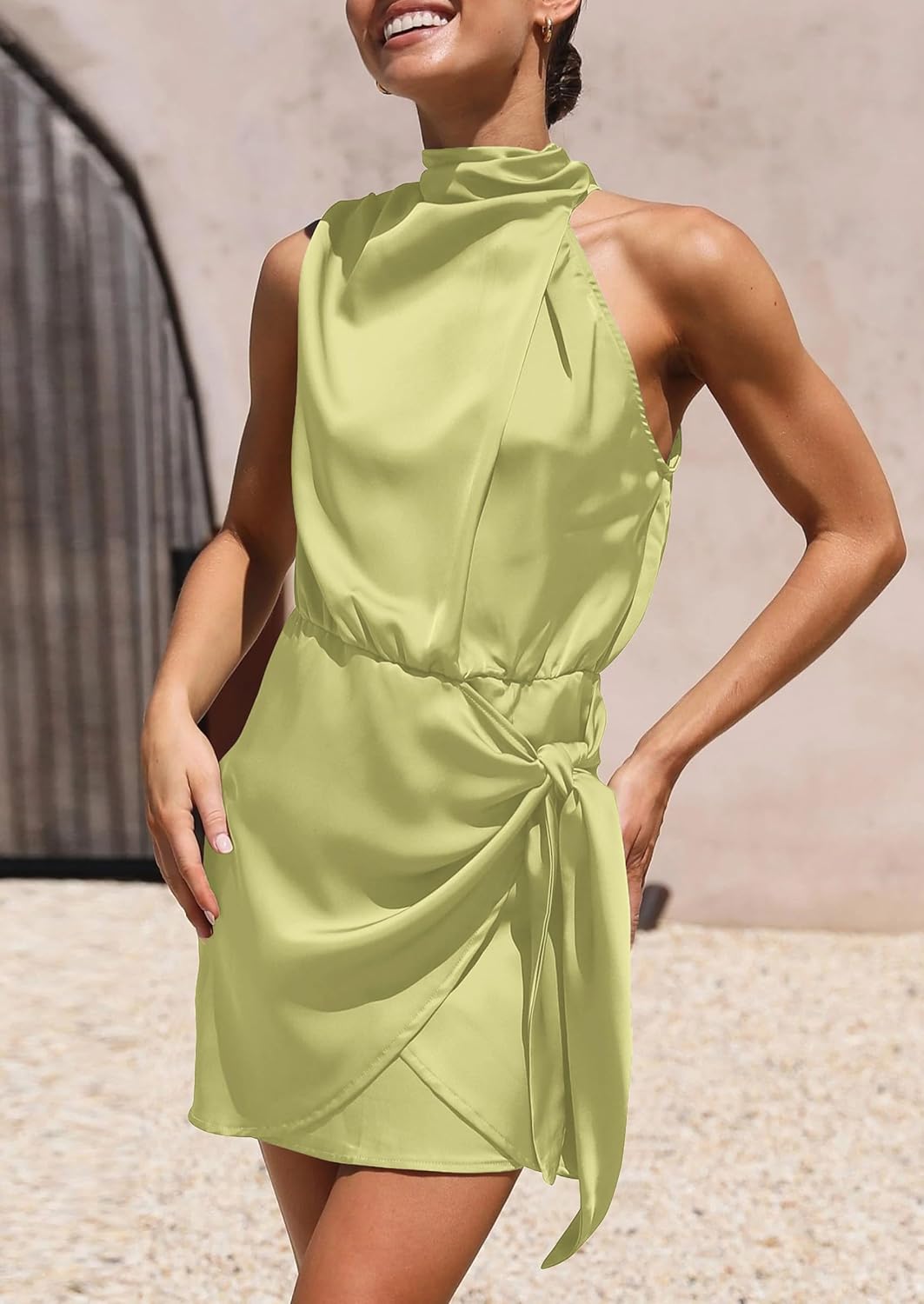 PRETTYGARDEN Women's Short Formal Satin Dress Summer Sleeveless Mock Neck Tie Waist Cocktail Party Dresses