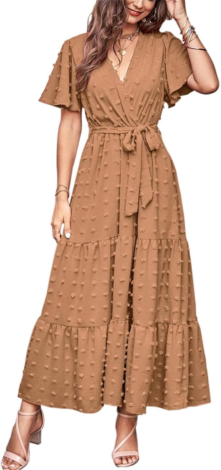 MASCOMODA Womens Boho Swiss Dot Maxi Dresses Wrap V Neck Flutter Short Sleeve Solid Tie Belt A Line Tiered Flowy Long Dress