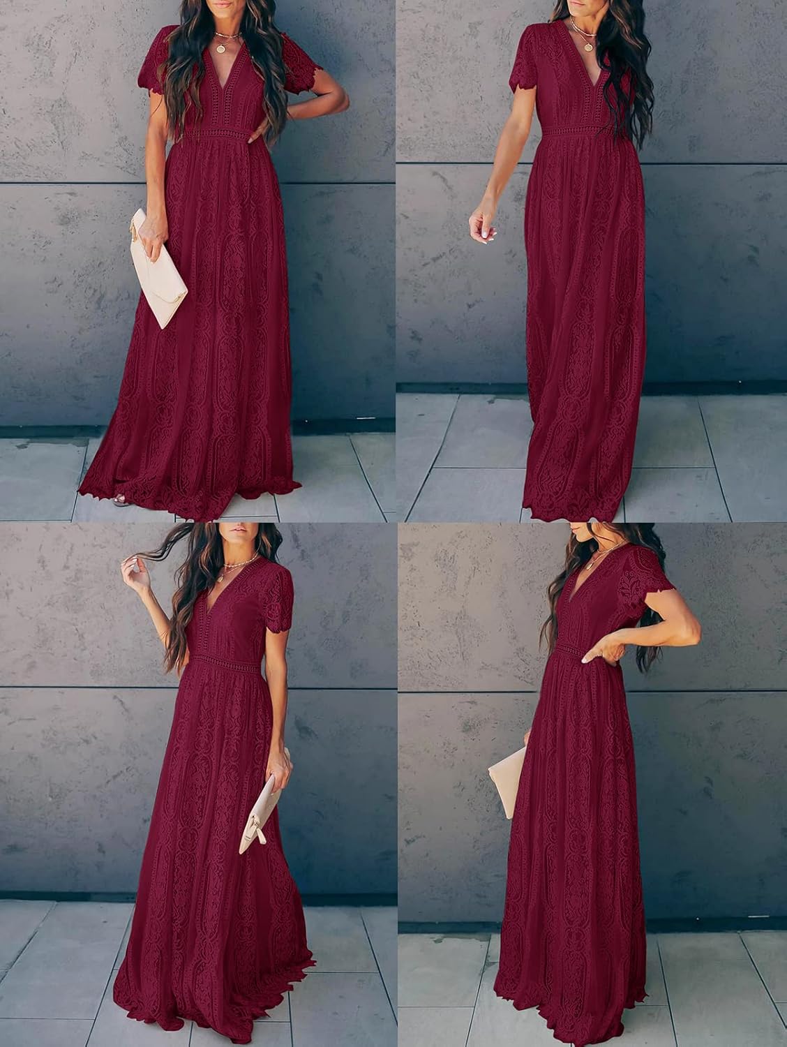 MEROKEETY Women's V Neck Short Sleeve Floral Lace Wedding Dress Bridesmaid Cocktail Party Maxi Dress