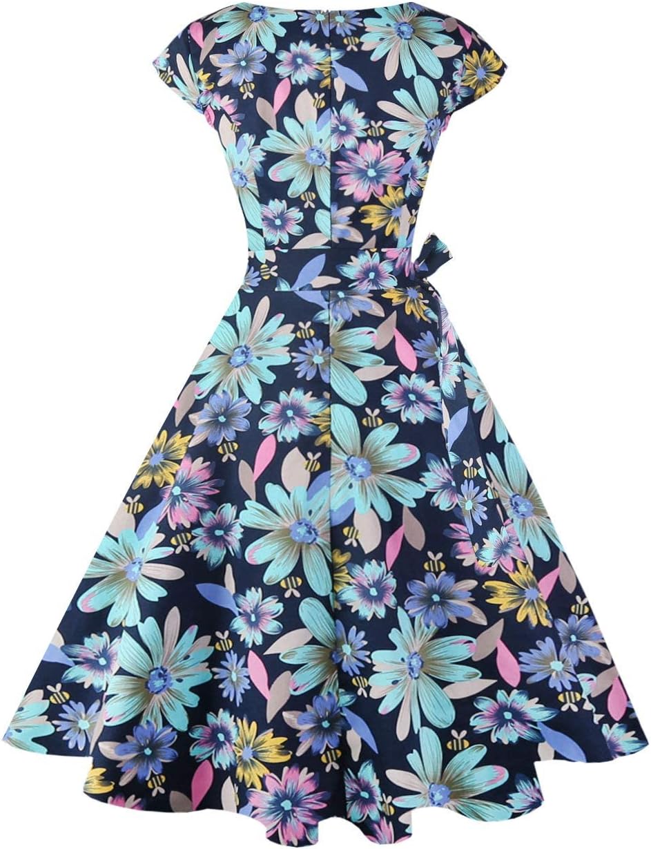 PUKAVT Women's 1950 Boatneck Cap Sleeve Vintage Swing Cocktail Party Dress with Pockets
