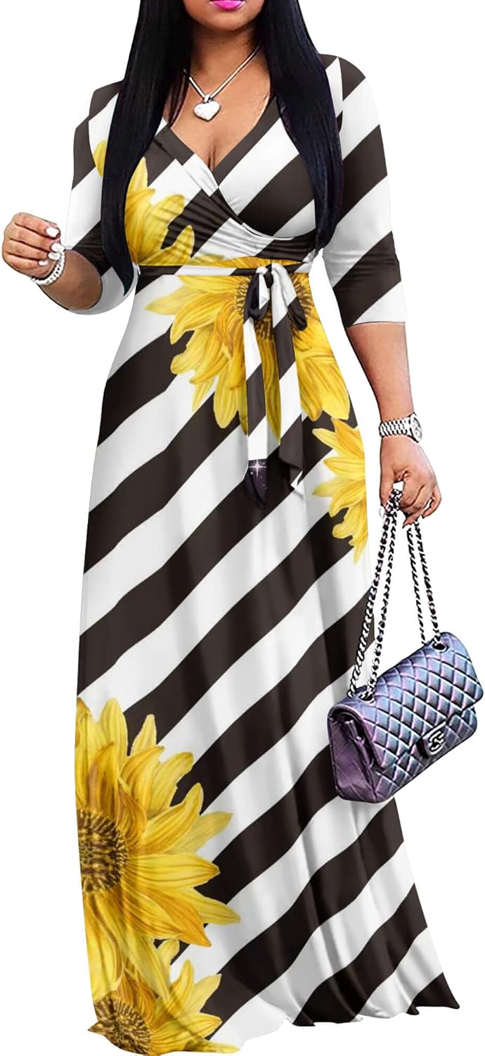 FANDEE Plus Size Maxi Dress for Women Casual Summer Sundress V-Neck 3/4 Sleeve