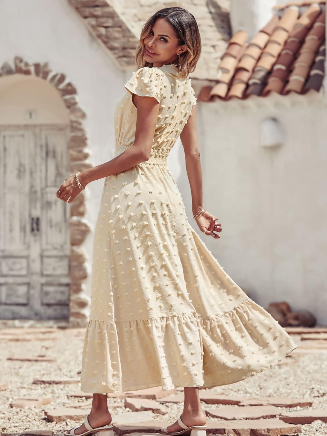 PRETTYGARDEN Womens Dresses 2025 Summer Maxi Dress Boho Short Sleeve V Neck Swiss Dot Ruffle Tiered Smocked Flowy Long Dress