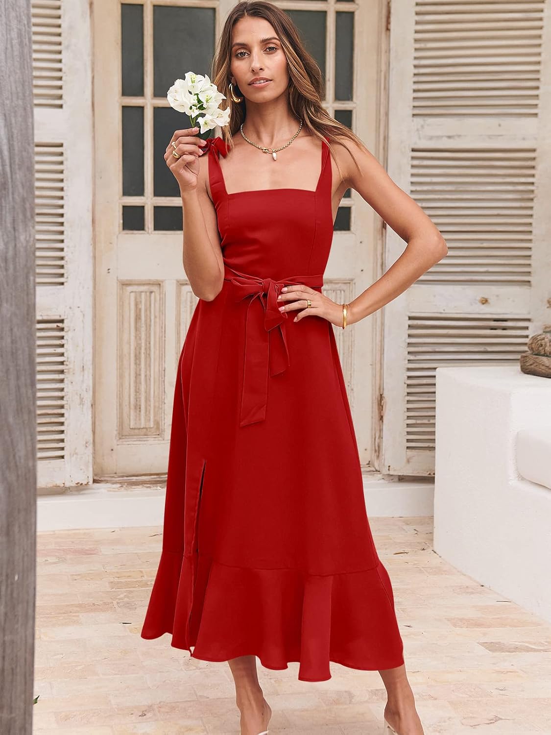 ANRABESS Women's Square Neck Ruffle Split Midi Elegant Formal Wedding Guest Cocktail Bridesmaid Graduation Party Dresses