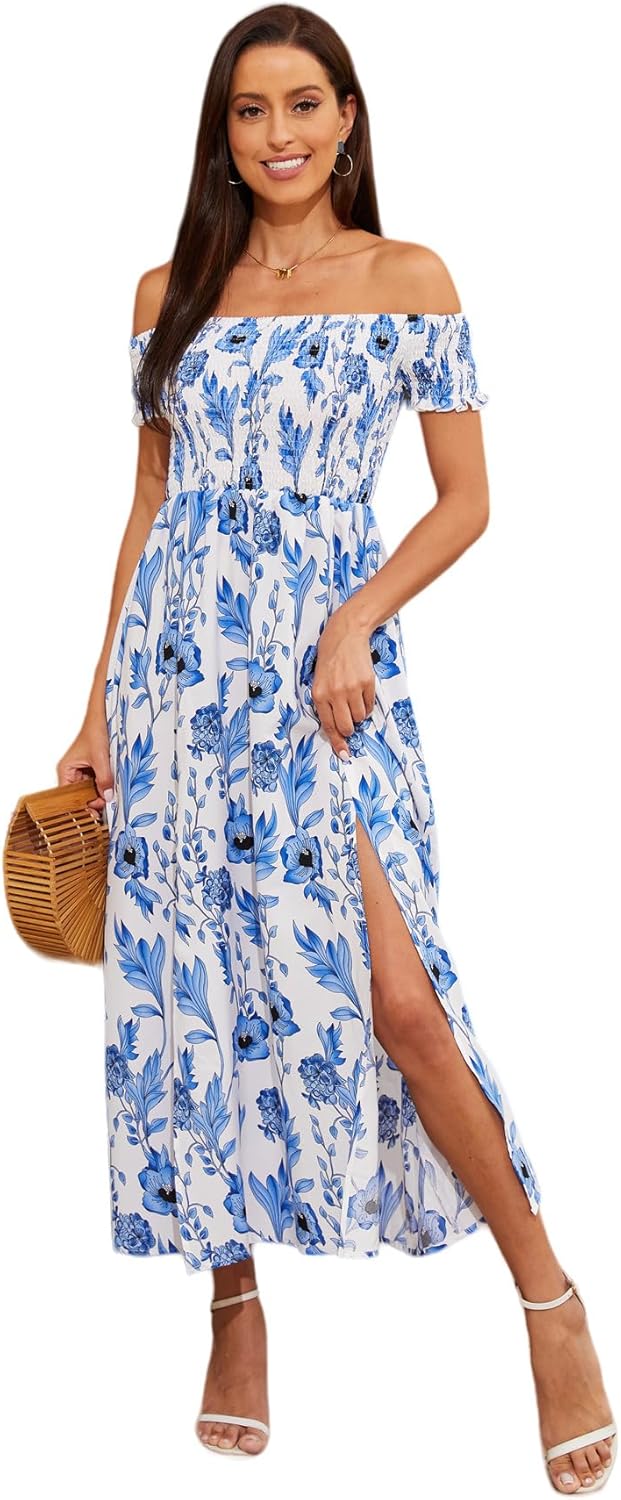 Floerns Women's Boho Floral Print Off Shoulder Split Long A Line Dress