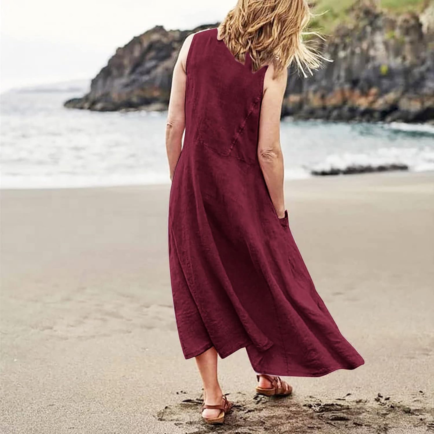 Women's Casual Sleeveless Dresses, Cotton Linen Pocket Dresses Summer Dresses for Women 2024 Sundresses Beach Dress