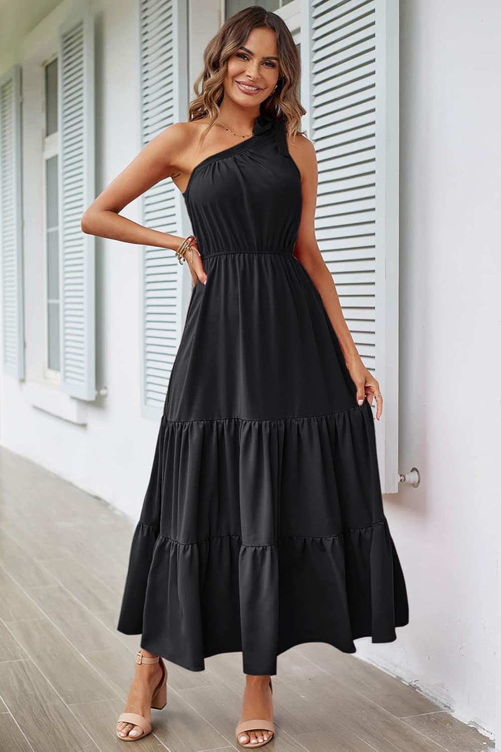 PRETTYGARDEN Women's Summer Floral Maxi Dress Knot One Shoulder Sleeveless Ruffle Flowy Boho Beach Wedding Guest Dresses