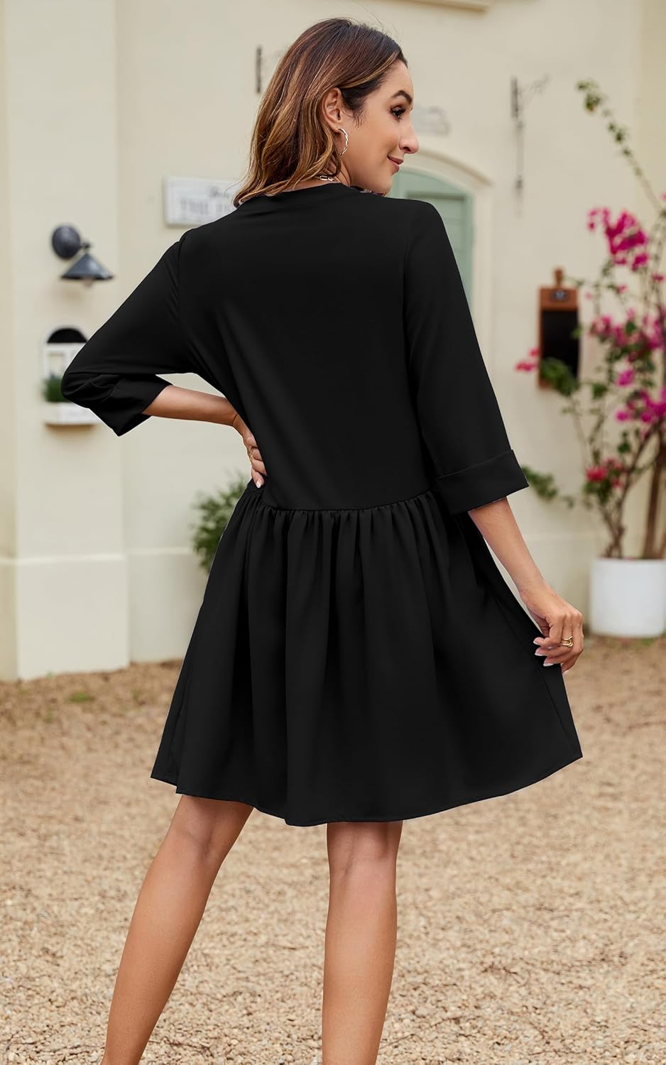 CCTOO Women's Summer Dresses Casual V Neck Button Down 3/4 Sleeve Floral Print Loose Flowy Shirt Dress