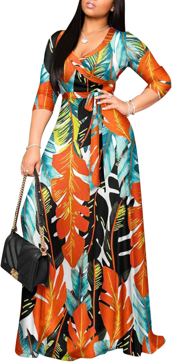FANDEE Plus Size Maxi Dress for Women Casual Summer Sundress V-Neck 3/4 Sleeve