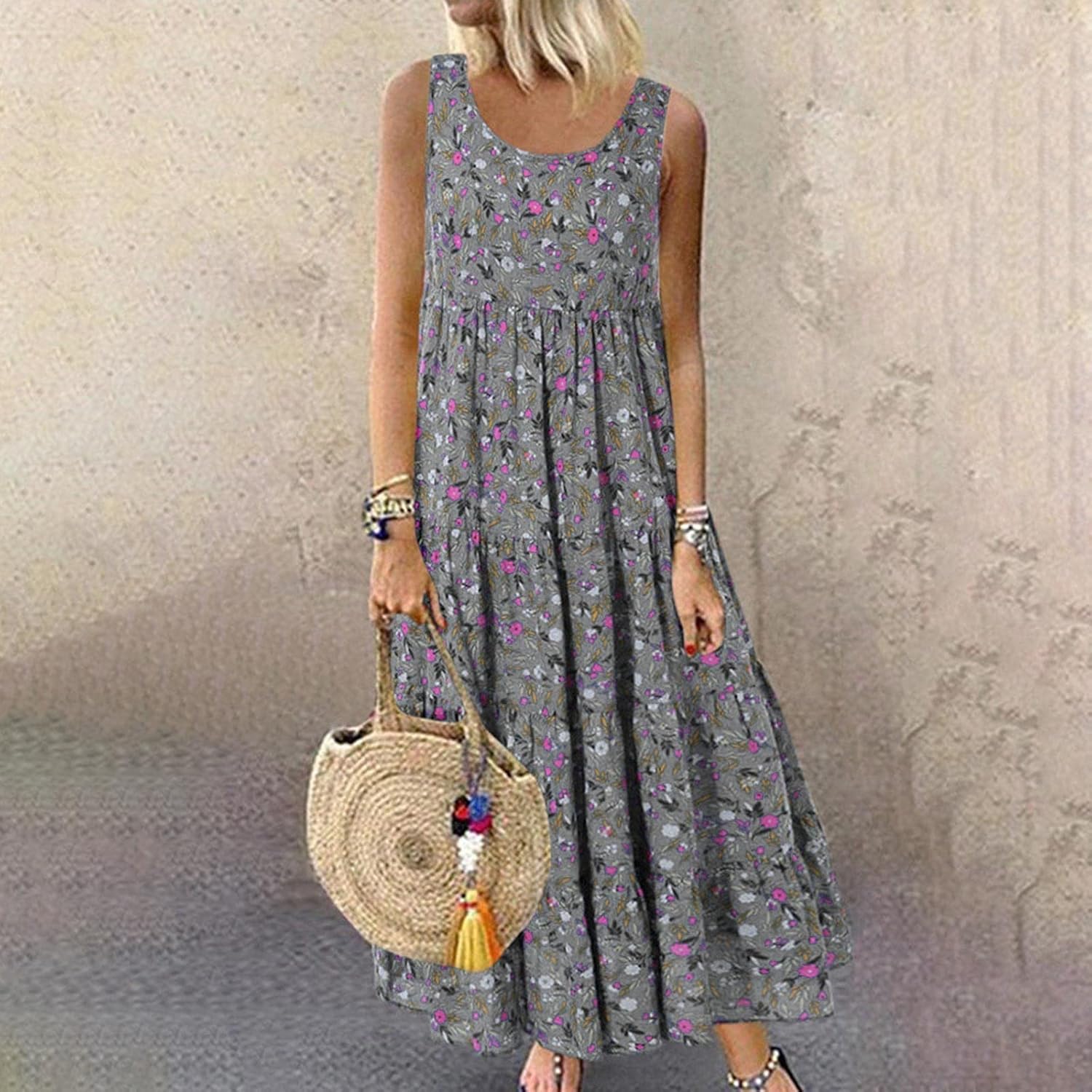 Ceboyel Women Boho Floral Maxi Dresses Flowy Tank Dress Sleeveless Smocked Sundresses Trendy Casual Beach Long Sun Dress