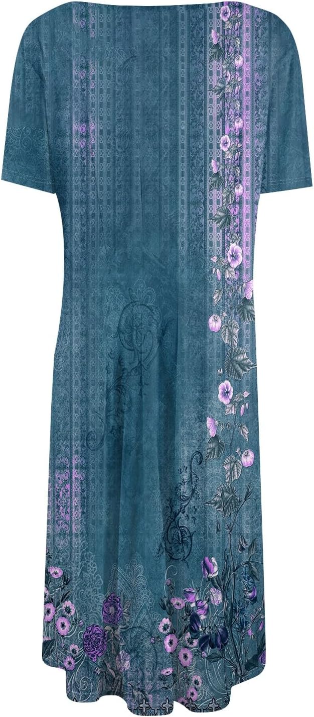 Summer Dresses for Women 2025 Crew Neck Short Sleeve Boho Beach Vacation Floral/Solid Midi Sundresses with Pockets
