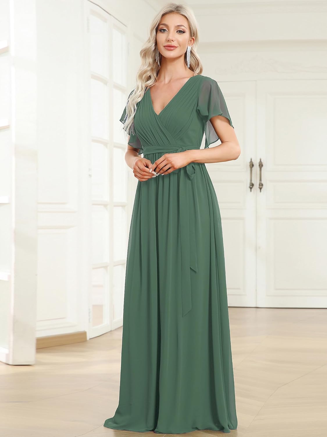 Ever-Pretty Women's Bridesmaid Dress V-Neck Ruffle Sleeves Ruched Bust Floor Length Chiffon Formal Dresses 0164A