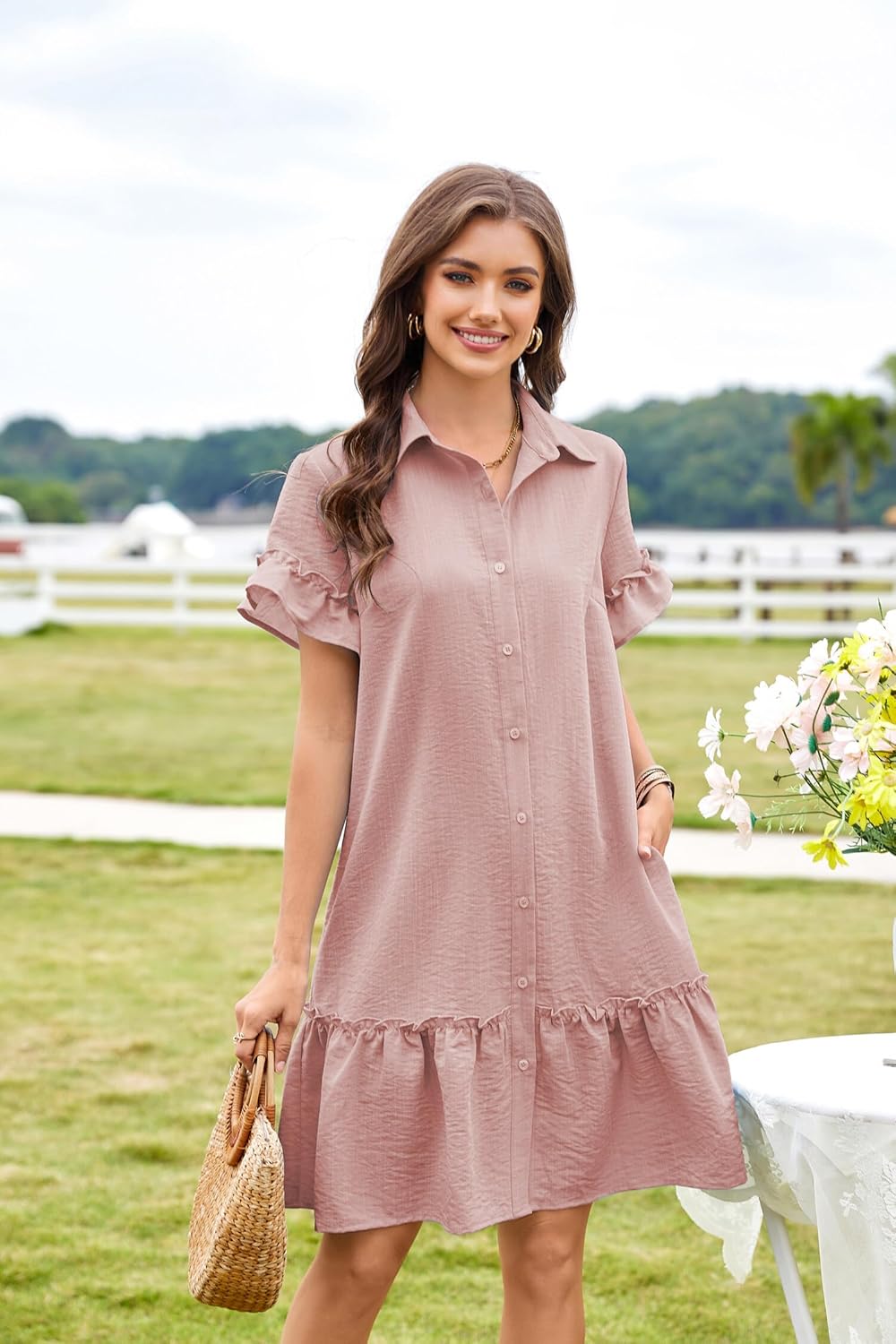 CCTOO Women's Summer Dresses Casual V Neck Button Down 3/4 Sleeve Floral Print Loose Flowy Shirt Dress