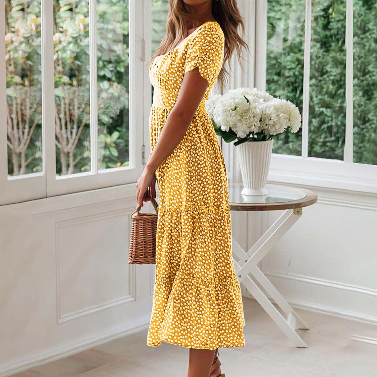 Womens Short Sleeve Dress Dress for Women Scoop Neck Chiffon Beach Hawaiian Pleated Maxi Long Dress 2025