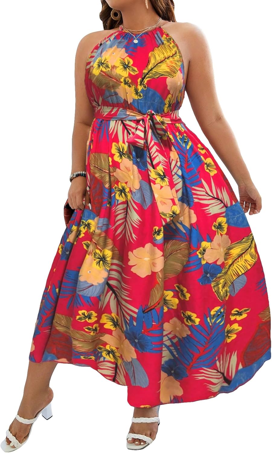 Floerns Women's Plus Size Boho Sleeveless Halter Neck Tie Back A Line Long Dress