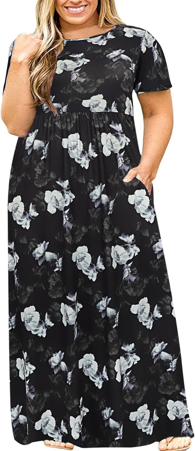 Kancystore Women's Short Sleeve Plus Size Maxi Dress with Pockets Loose Casual Summer Dresses