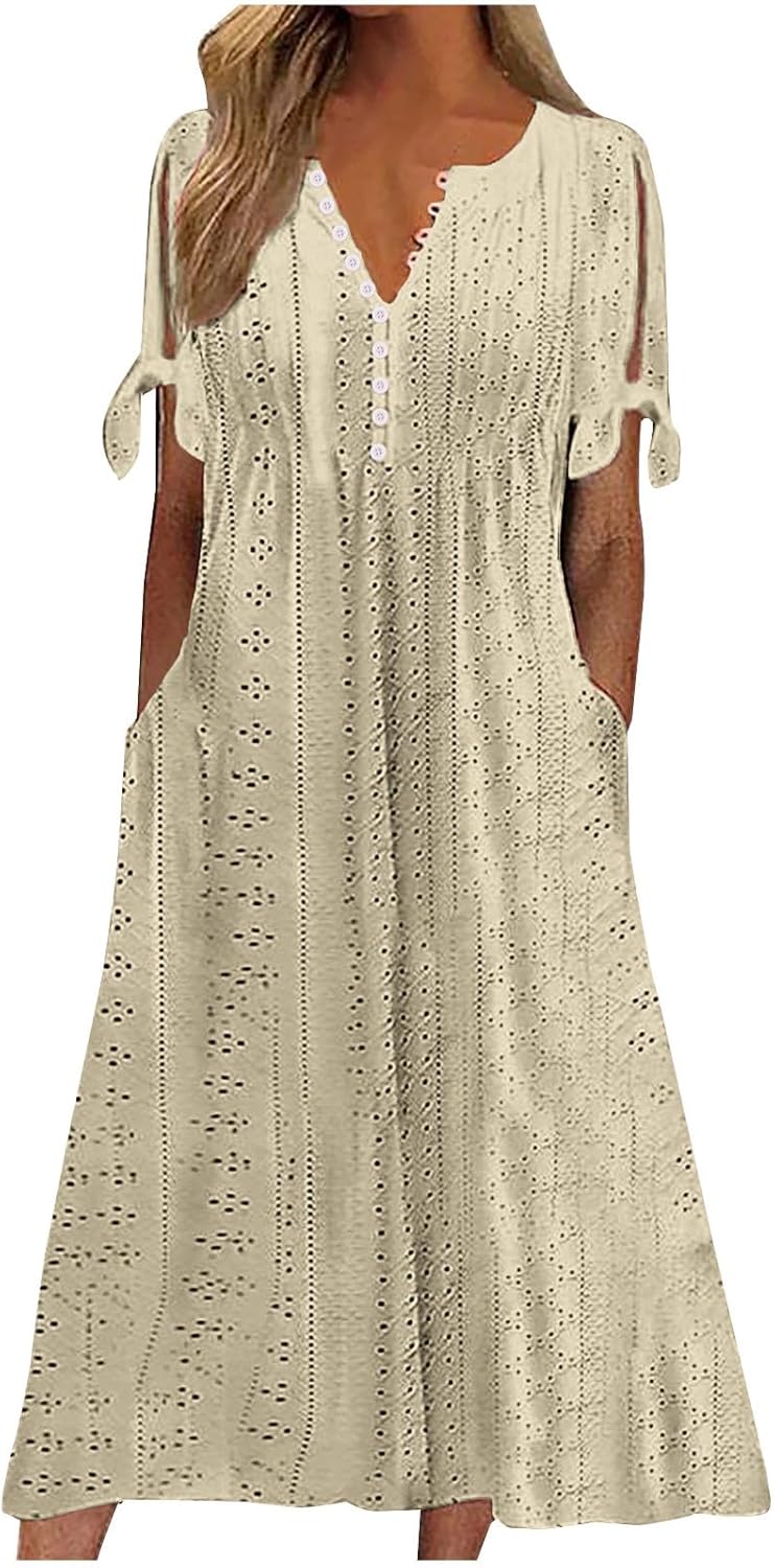 Boho Dresses for Women 2024 Fashion Summer Short Sleeve Eyelet Notch V Neck Sundress Beach Casual Maxi Long Dress