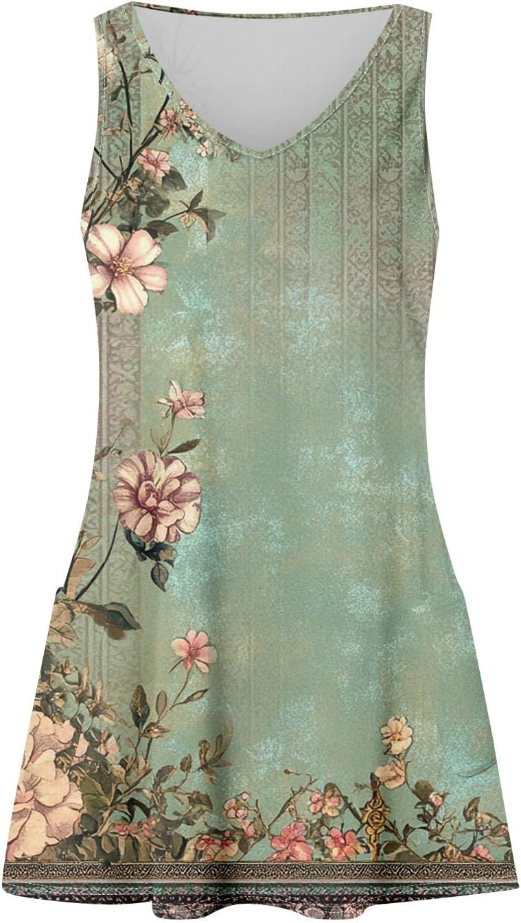 Women's Sleeveless Floral Print Summer Dress Casual V-Neck A-Line Mini Dress for Beach Party and Daily Wear