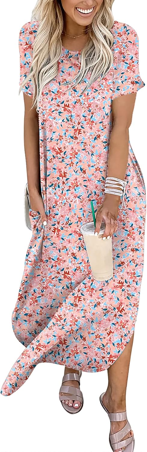 ANRABESS Women's Summer Casual Loose Short Sleeve Long T Shirt Dress Split Maxi Beach Sundress Travel Vacation Outfits