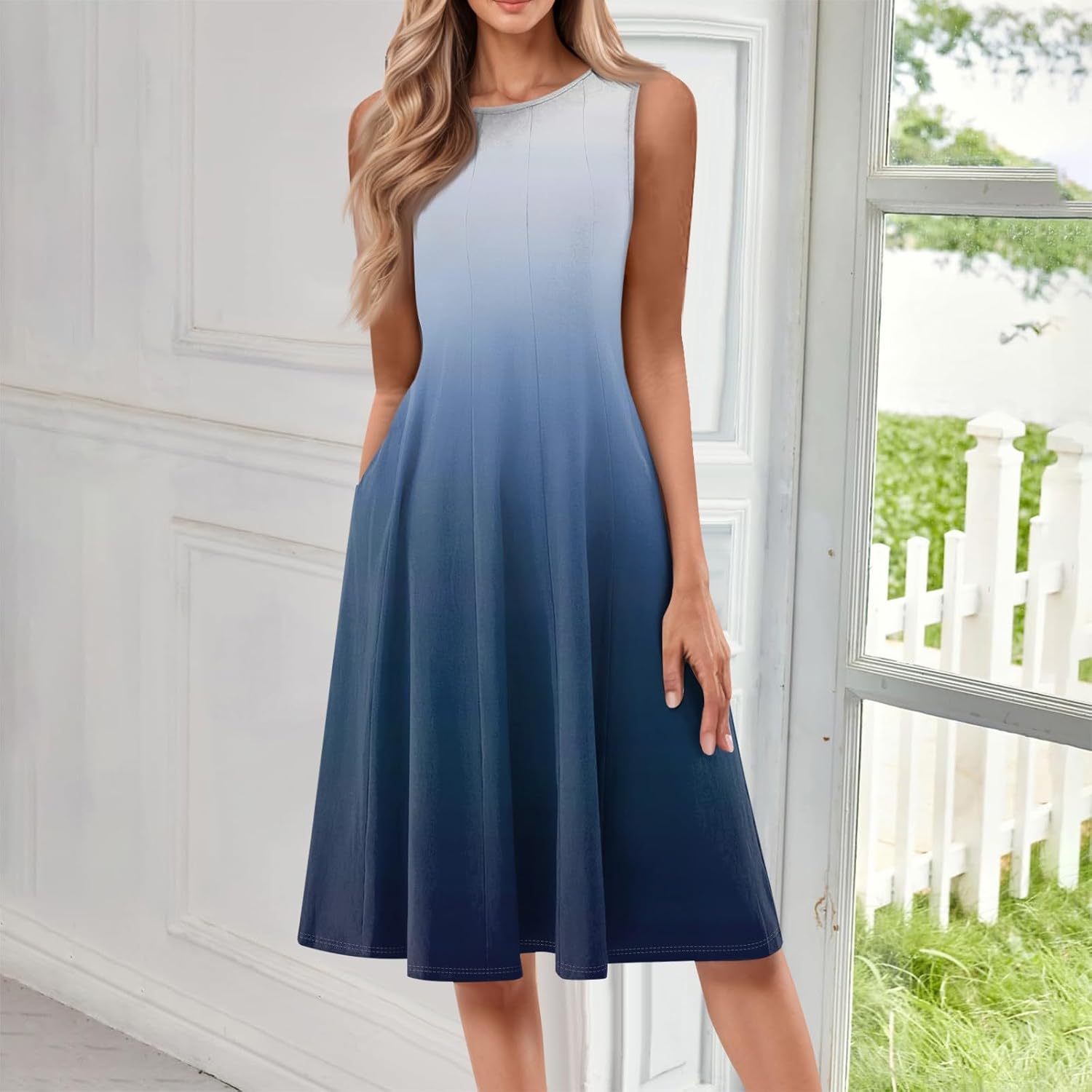 Womens Tank Sundress 2025 Casual Floral Print Tshirt Dress Swing Sleeveless Midi Dress Crewneck Pleated Summer Dresses