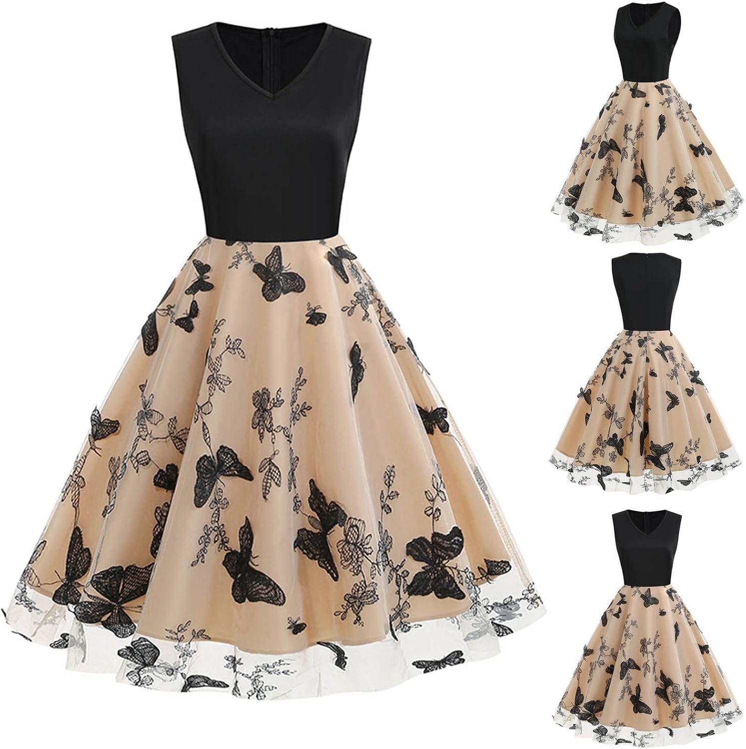 HGps8w Vintage Cocktail Dress for Women, Elegant Butterfly Embroidered Lace V Neck Sleeveless A-Line Party Swing Dresses