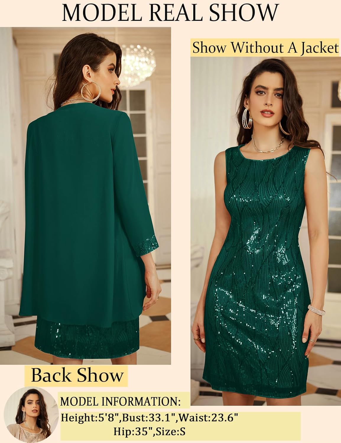 GRACE KARIN Sequin Dress for Women Knee Length Mother of the Bride Dresses Formal Dress Two Piece Dress with Chiffon Jacket