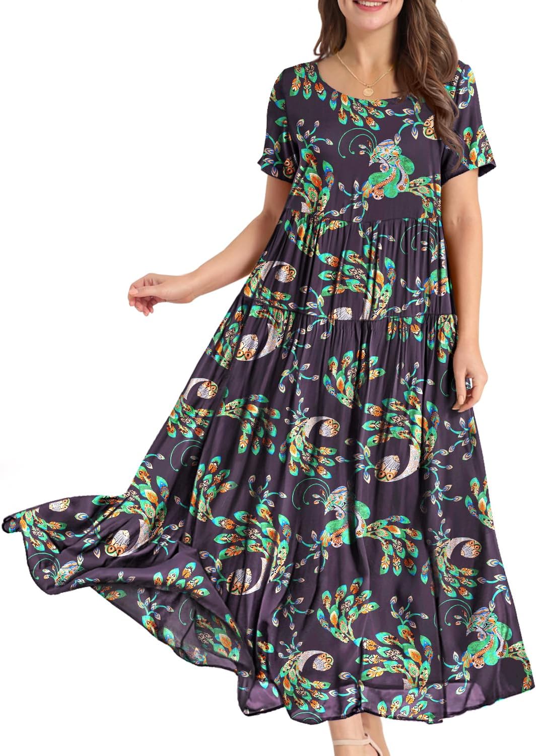 YESNO Women Casual Loose Bohemian Floral Dress with Pockets Short Sleeve Long Maxi Summer Beach Swing Dress EJF