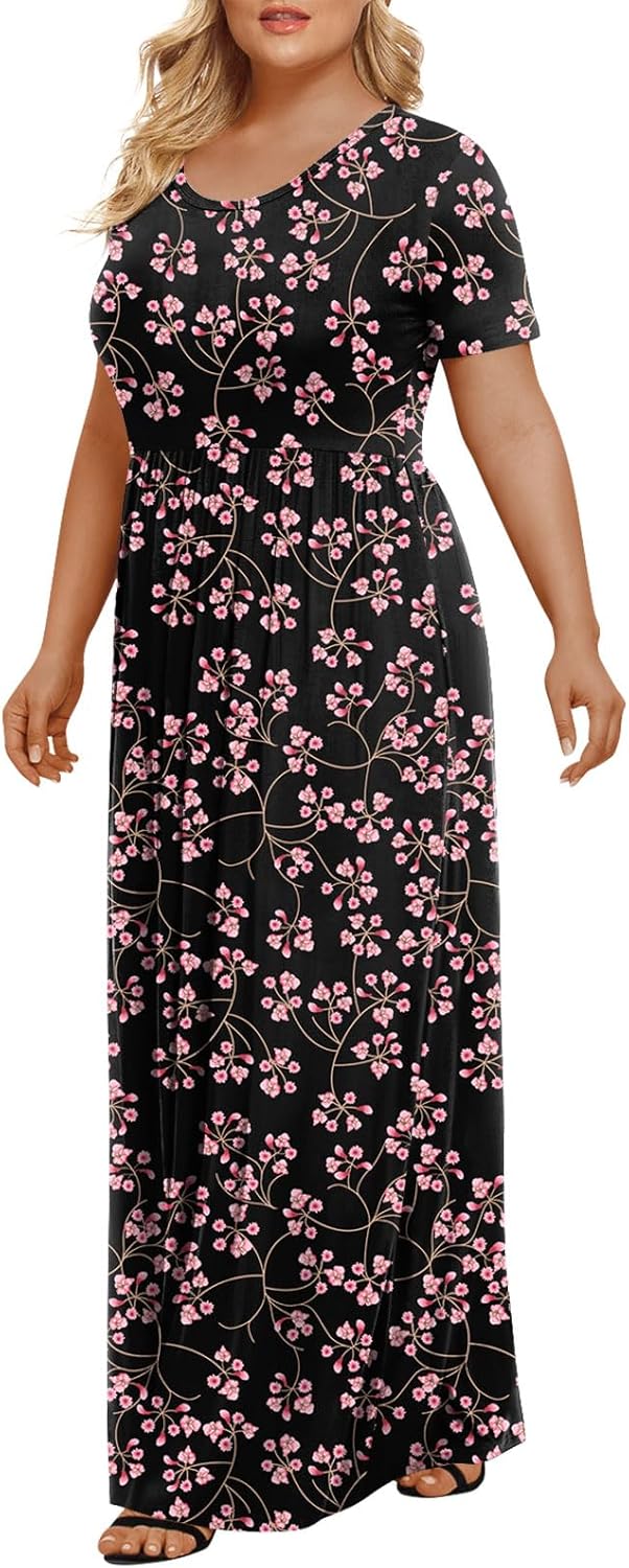 LONGYUAN Women's Plus Size Maxi Dresses for Curvy Women Summer Short Sleeve Casual 2025 Long Dress XL-6XL