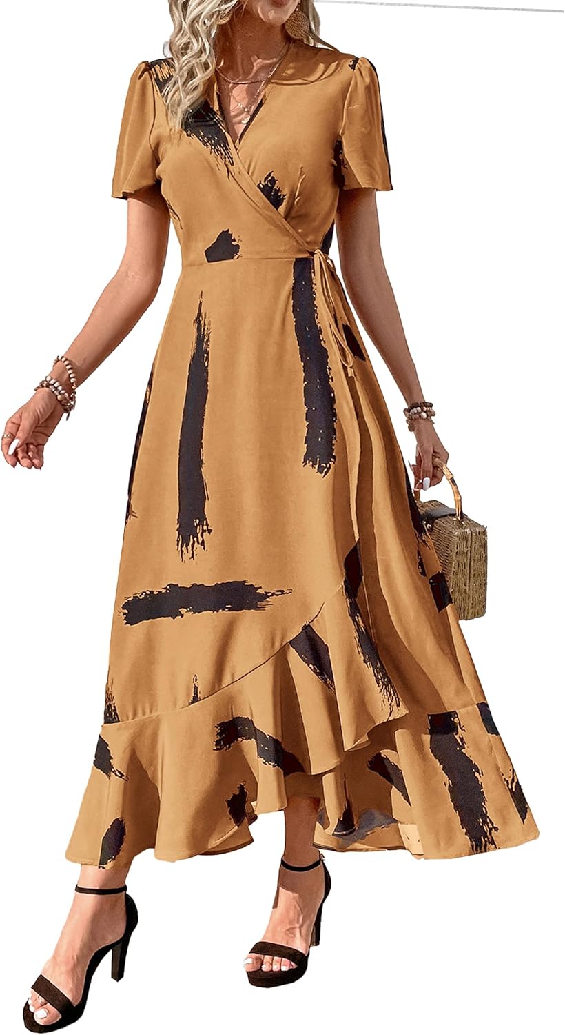 PRETTYGARDEN Women's Summer Wrap Maxi Dress Casual Short Sleeve Floral Boho V Neck Split Ruffle Beach Long Dresses