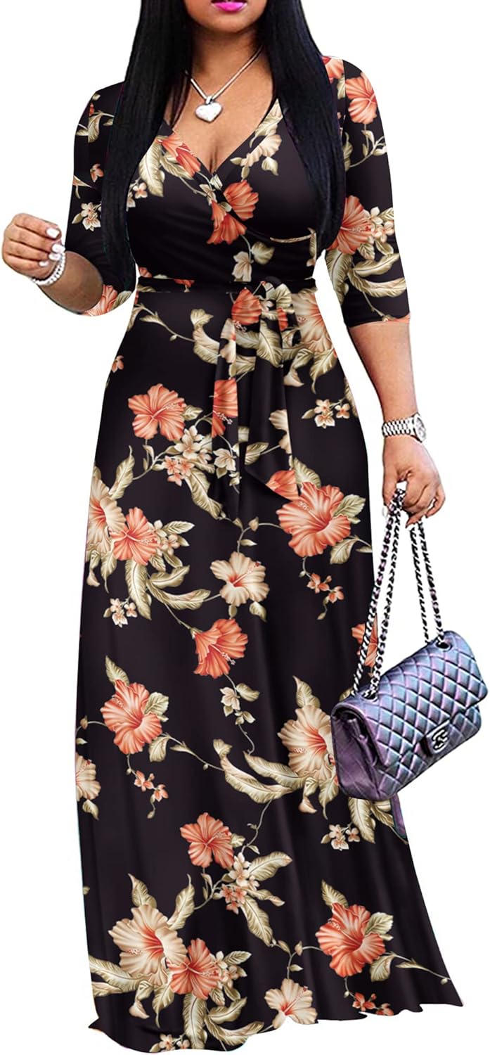 FANDEE Plus Size Maxi Dress for Women Casual Summer Sundress V-Neck 3/4 Sleeve