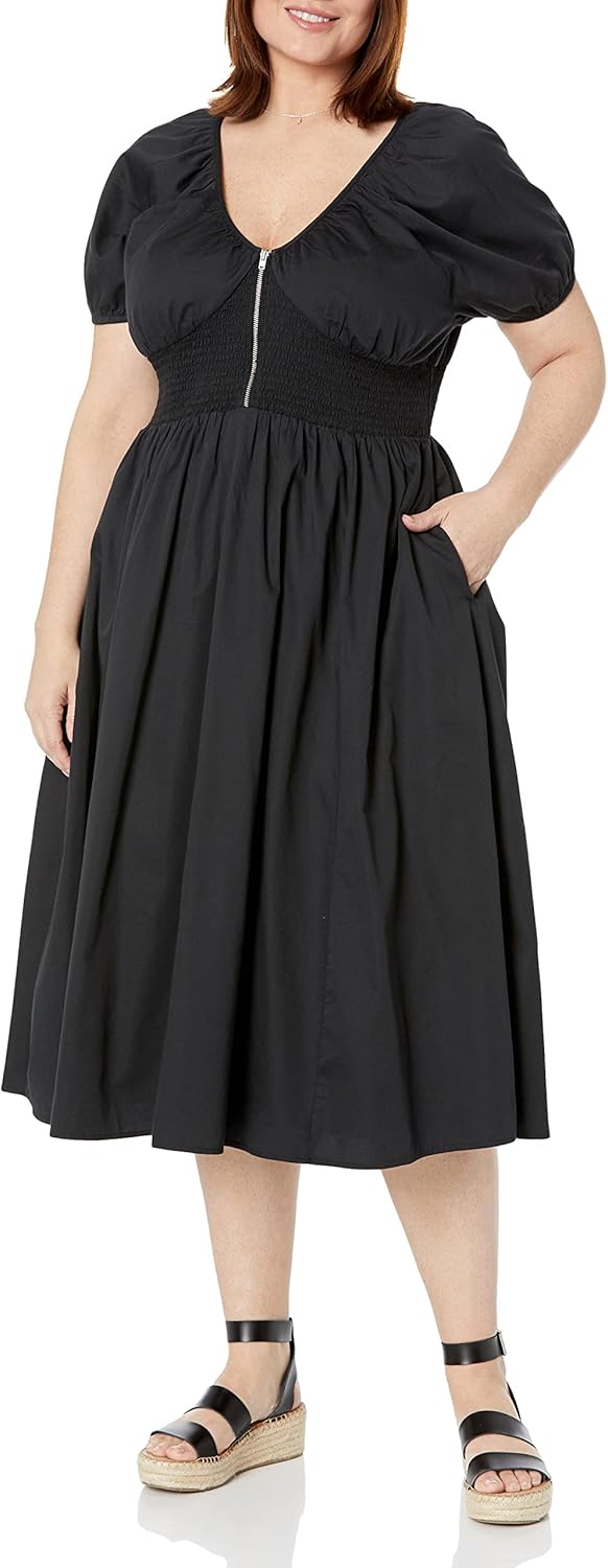 The Drop Women's Daksha Cotton Smocked Zipper Detail Dress, Black, XS