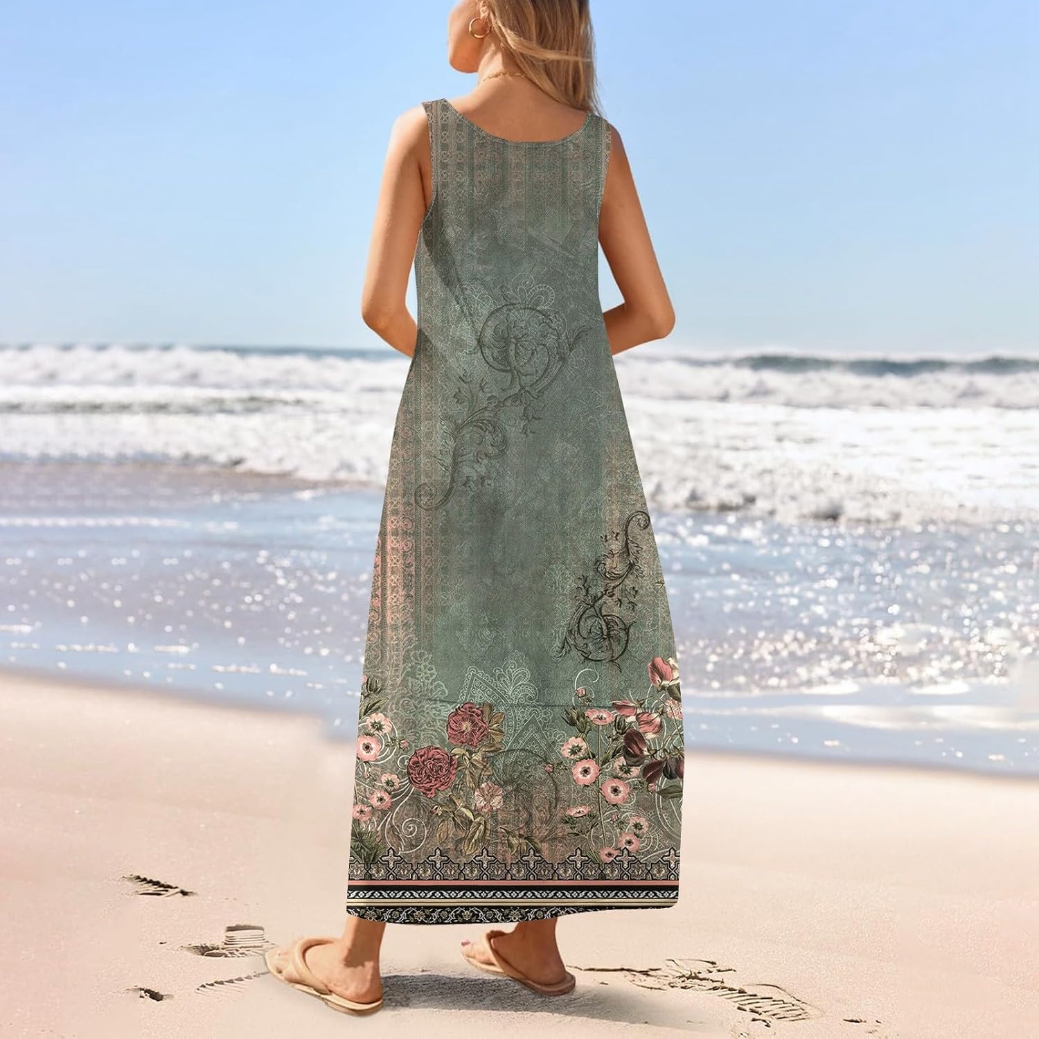 Womens Summer Tank Dress Vacation Boho Floral Long Dresses with Pockets Resort Wear Swing Beach Sleeveless Sundress
