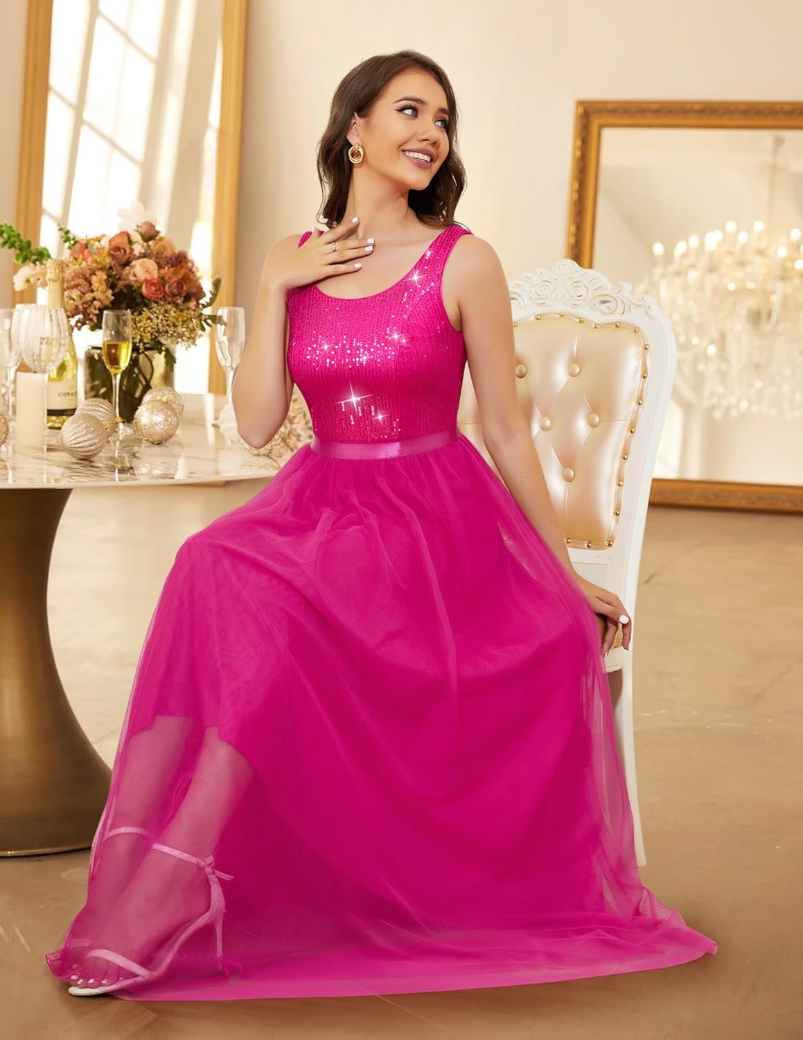 BeryLove Sequin Dress for Woman Vintage A Line Wedding Formal Swing Mesh Dress Sleeveless Cocktail Maxi Gowns
