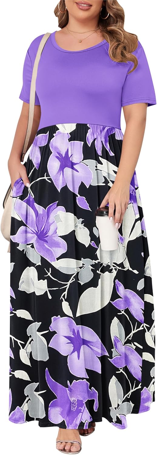KARALIN Women’s Plus Size Maxi Dresses for Curvy Women Summer Casual Short Sleeve 2025 Long Dress 14W-26W