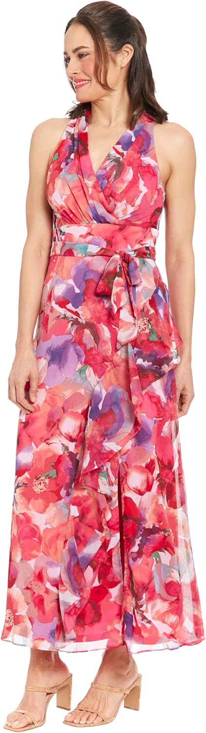London Times V-Neck Waist Tie Ruffle Cascade Wedding Guest Dresses for Women