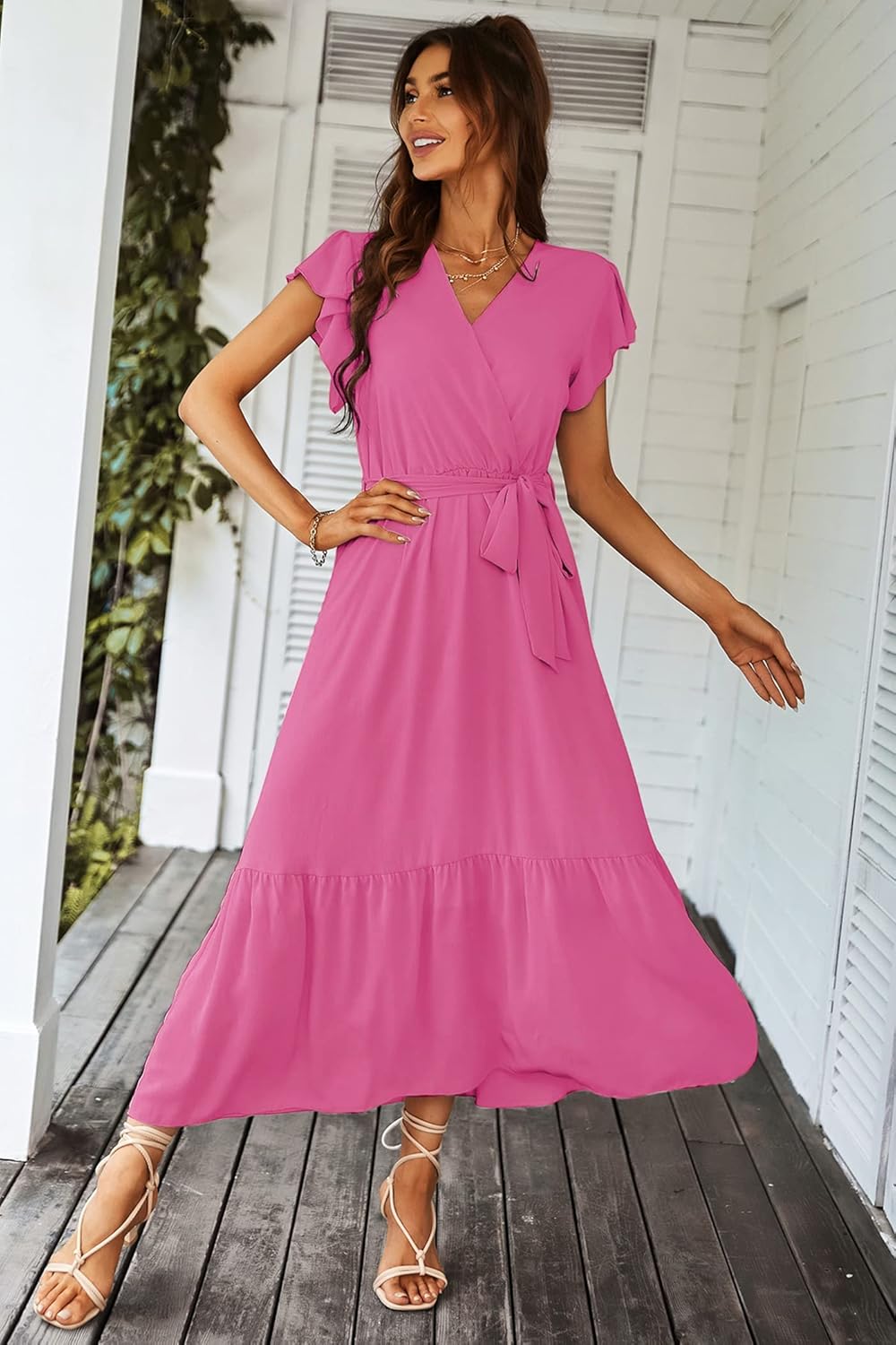PRETTYGARDEN Women's Summer Floral Boho Dress Wrap V Neck Short Sleeve Ruffle A-Line Flowy Maxi Wedding Guest Dresses
