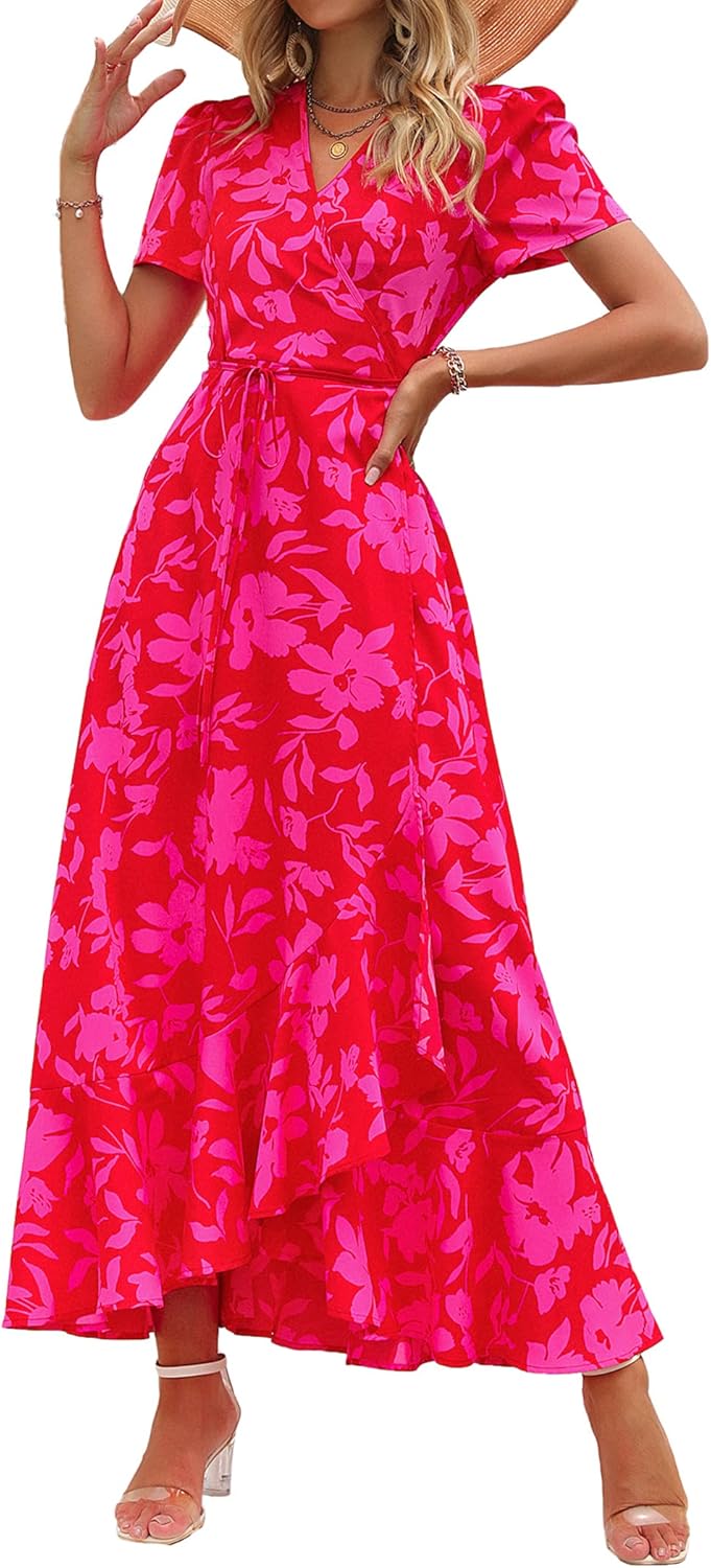 PRETTYGARDEN Women's Summer Wrap Maxi Dress Casual Short Sleeve Floral Boho V Neck Split Ruffle Beach Long Dresses