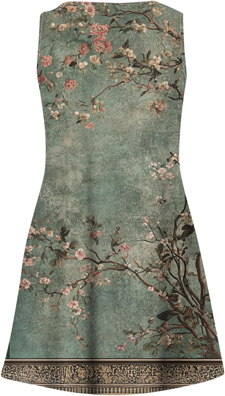 Women's Sleeveless Floral Print Summer Dress Casual V-Neck A-Line Mini Dress for Beach Party and Daily Wear