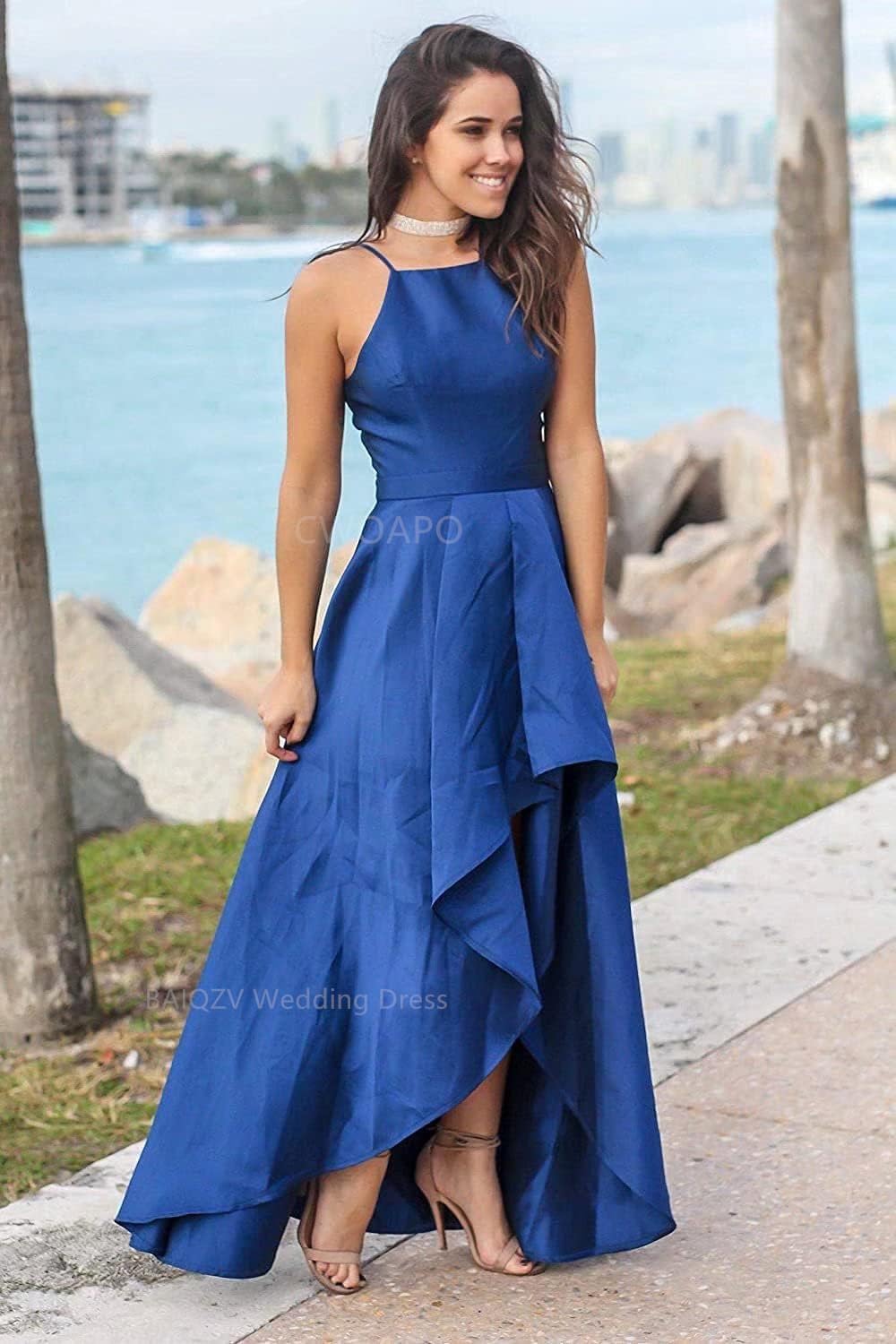 CWOAPO Halter High Low Bridesmaid Dress Evening Dress Satin Homecoming Dresses A Line Cocktail Gowns with Pockets