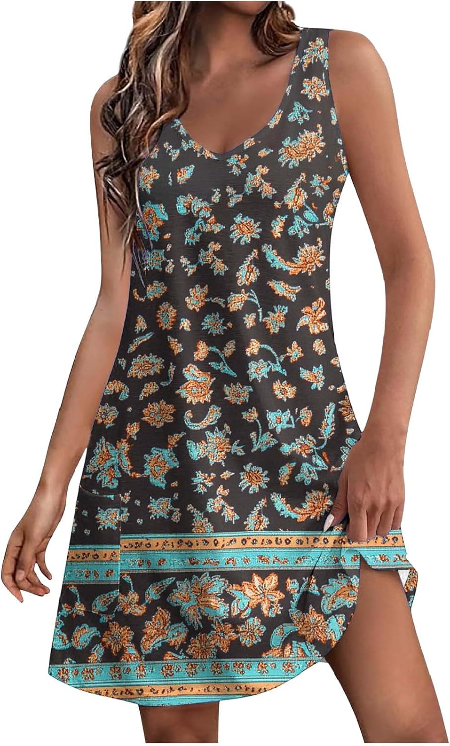 Womens 2025 Spring Summer Dresses Casual Floral Print V-Neck Tank Dress Curve Hem Pleated A-Line Sundresses