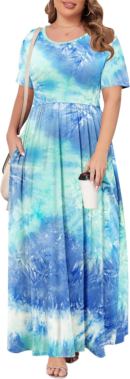 KARALIN Women’s Plus Size Maxi Dresses for Curvy Women Summer Casual Short Sleeve 2025 Long Dress 14W-26W